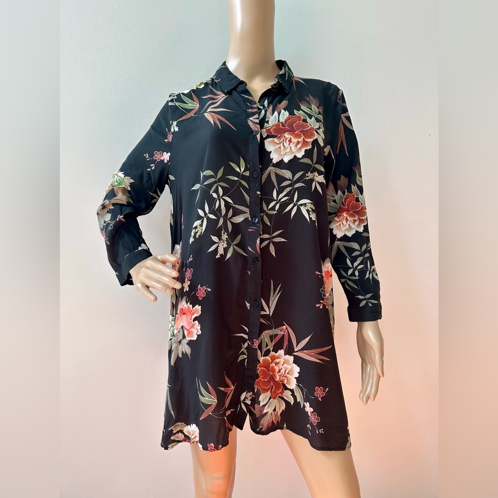 Zara Womens Premium Denim Collection Floral Mini Shirt Dress Tunic Black Sz M